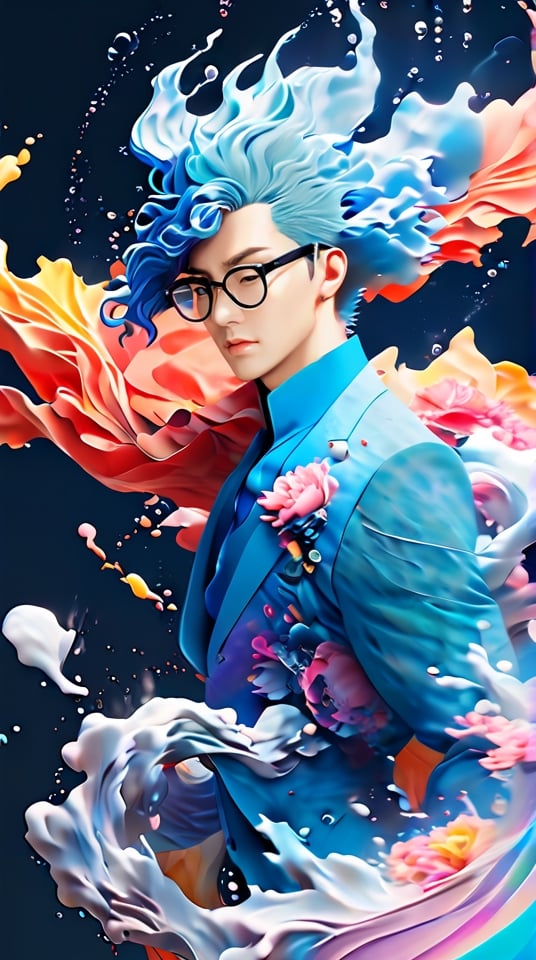 Beatiful steam-like handsome, muscular, Korean male model with glasses, man with colorful flowy hair and body resembling steam in water, work of beauty and complexity, ghostcore, prismatic glow elements, fluidity, detailed face, 8k UHD , man dancing, alberto seveso style, flower petals flying with the wind,photo r3al,Leonardo Style,niji style,ghibli,illustrator,portrait 