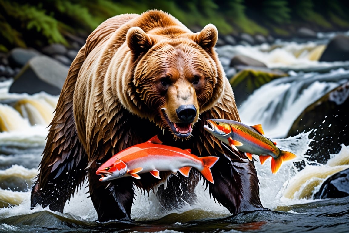envision a powerful bear catching a salmon in a river in Alaska. The medium is photorealistic, capturing the strength and determination of the bear, the struggle of the salmon, and the rushing water of the river. The style is reminiscent of wildlife photography by Paul Nicklen, with a focus on the raw power and survival instincts of the animals. The lighting is bright and clear, emphasizing the action and energy of the scene. The colorsare natural and vibrant, with a palette of brown, silver, and blue. The composition is shot with a Canon EOS-1D X Mark III, using a Canon EF 400mm f/2.8L IS III USM lens. The resolution is 20.1 megapixels, with an ISO sensitivity of 102,400 and a shutter speed of 1/8000 second.