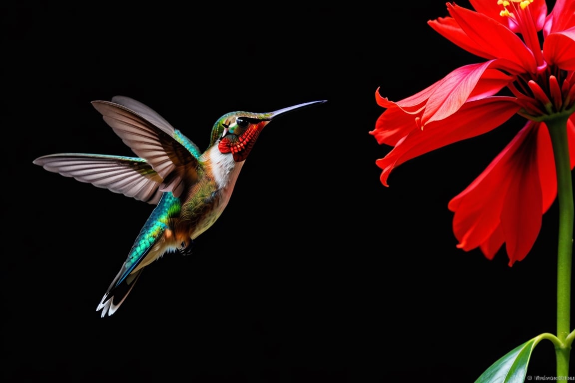 envision a hummingbird hovering in front of a bright red flower in a tropical rainforest. The medium is photorealistic, capturing the speed and precision of the hummingbird, the vibrant color of the flower, and the lushness of the rainforest. The style is reminiscent of wildlife photography by Tim Laman, with a focus on the diversity and vibrancy of tropical birds. The lighting is bright and clear, emphasizing the vivid colors of the bird and the flower. The colors are bright and tropical, with a palette of green, red, and blue. The composition is shot with a Nikon D6, using a Nikon AF-S NIKKOR 200-500mm f/5.6E ED VR lens. The resolution is 20.8 megapixels, with an ISO sensitivity of 102,400 and a shutter speed of 1/8000 second.