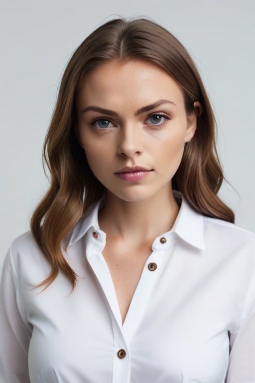 Modern Woman, looking directly at the camera, white shirt, with only the bottom 2 buttons done up