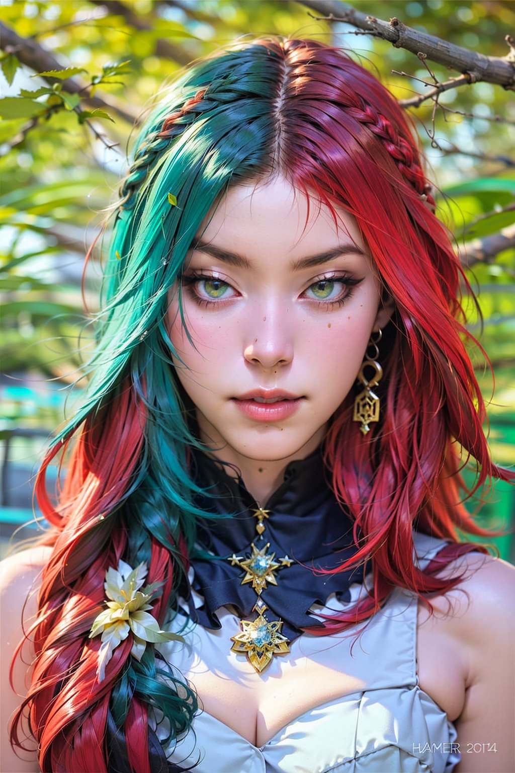 1girl, solo, headdress, long_hair, feathers, jewelry, green-red_hair, amber eyes, gem, light_blue_background, lips, hair_ornament, braid, portrait, watermark, see_viewer, feather_hair_ornament, tattoos, Color Booster,(hlfcol haired girl with color1 and col)