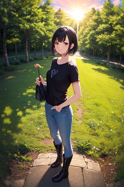 (masterpiece), best quality, 1girl, solo, black hair, short hair, brown eyes, shirt, short sleeve, blue pants, boots, standing, outdoor, grass, trees, sunset, sun, fisheye lens