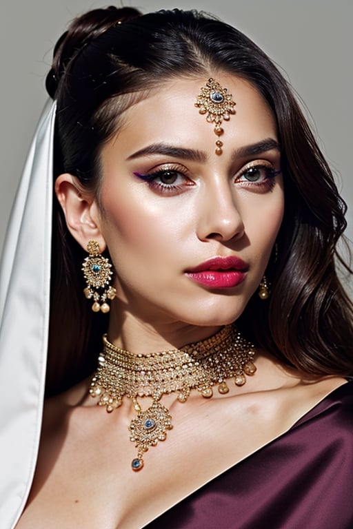 Create a photo-realistic fashion editorial image featuring a woman in high-end clothing, focusing on the details of the fabric, makeup, and accessories.,Indian