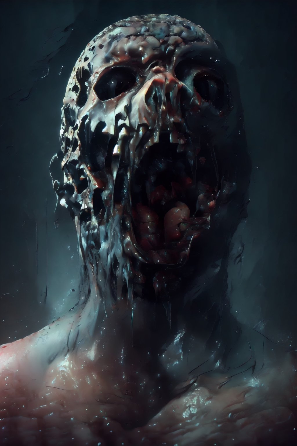 a screaming face, a bald man without a nose, lips, ears, eyes, teeth, tongue, in place of the inner cavity of the mouth and eyes there are black gaps, the skin of the face seems to be tightly stretched over the skull,disgusting body horror,DonMCr33pyN1ghtm4r3 