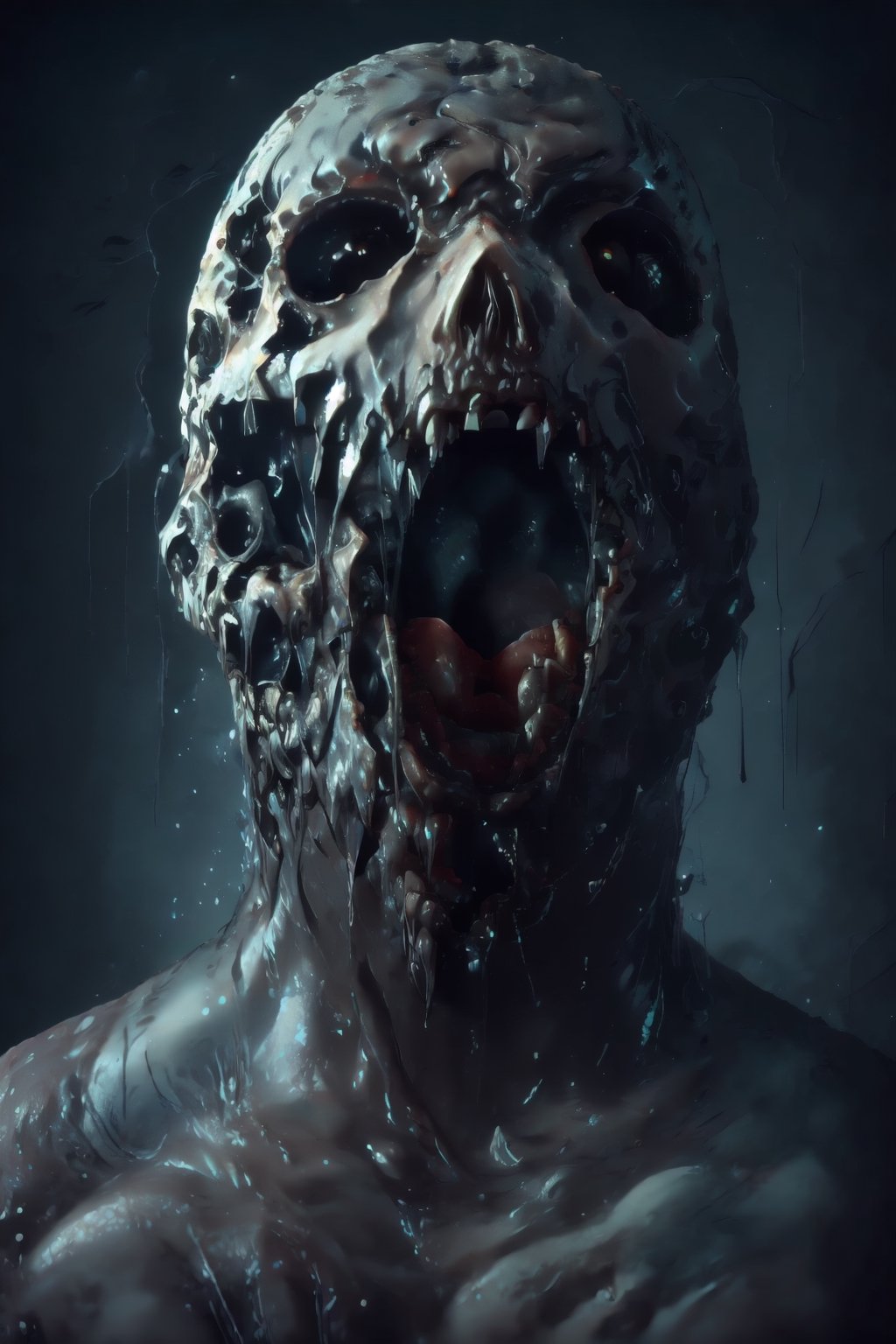 a screaming face, a bald man without a nose, lips, ears, eyes, teeth, tongue, in place of the inner cavity of the mouth and eyes there are black gaps, the skin of the face seems to be tightly stretched over the skull,disgusting body horror,DonMCr33pyN1ghtm4r3 