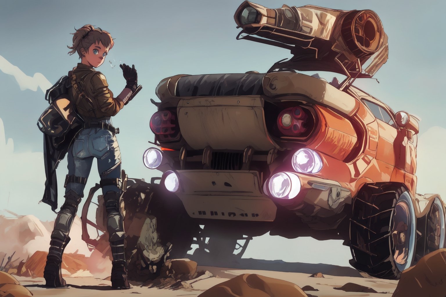 a young beautiful girl with short disheveled pigtails, she is dressed in the clothes of a post-apocalyptic raider, a post-apocalyptic car from the movie mad max, a car made from scrap metal, a car made from parts of different cars, a car made from spare parts of various cars, crossout, crossout craft, post-apocalypse, wasteland, devastation, in the background a deserted city covered with sand, the houses in it are dilapidated