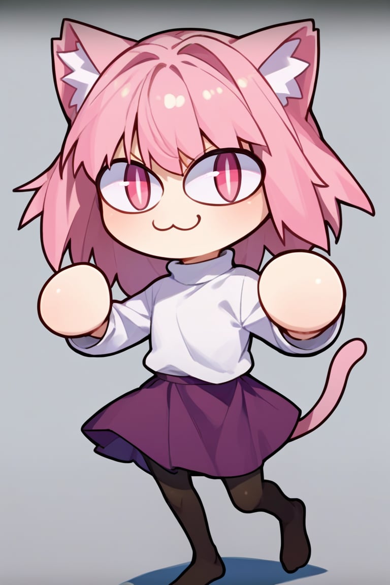 score_9, score_8_up, score_7_up, score_6_up, score_5_up, score_4_up, BREAK, 1girl, solo, necoarc, lit pupils, cat ears, (((pink hair, pink_eyes))), chibi, :3, turtleneck, fight_pose, shy_smile, purple skirt, pantyhose,NECOARC PINK HAIR