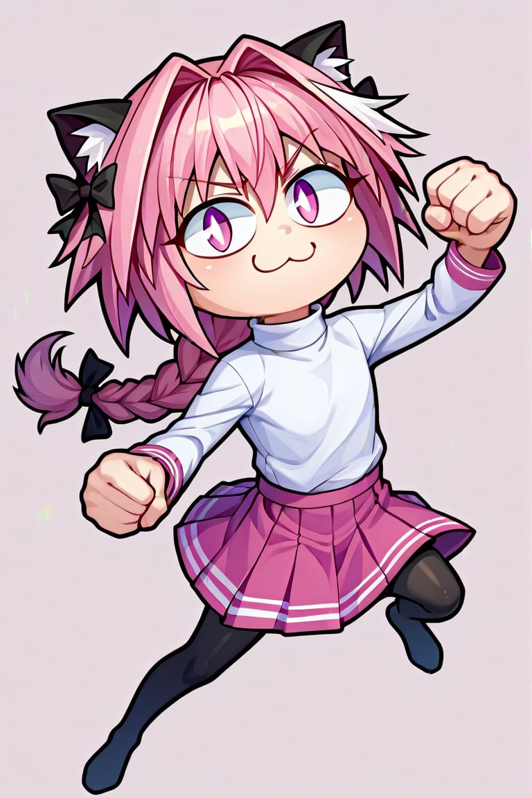 score_9, score_8_up, score_7_up, score_6_up, score_5_up, score_4_up, BREAK, 1girl, solo, necoarc, lit pupils, serious_face, cat ears, (((pink hair, pink_eyes))), chibi, :3, turtleneck, fight_pose, astolfo_costume, purple skirt, pantyhose,NECOARC PINK HAIR