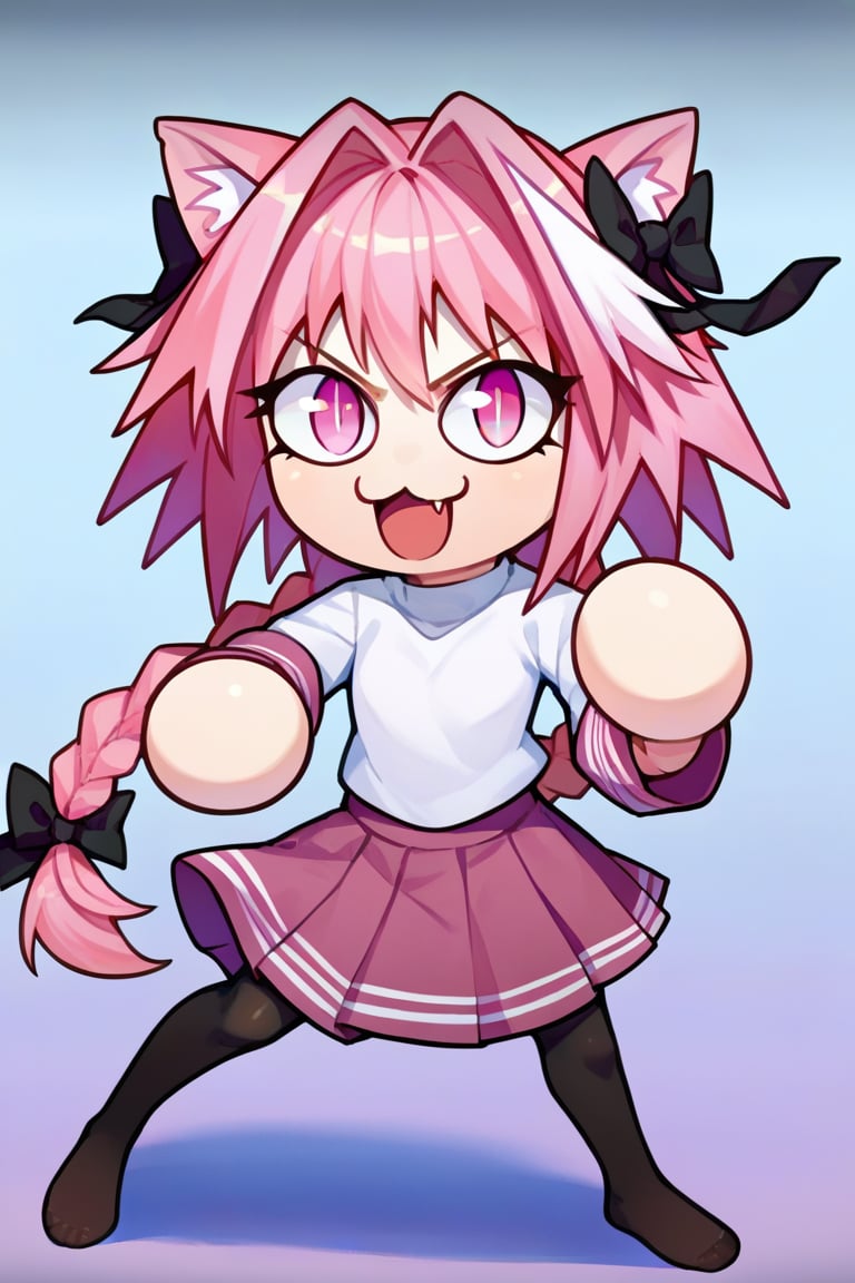 score_9, score_8_up, score_7_up, score_6_up, score_5_up, score_4_up, BREAK, 1girl, solo, necoarc, lit pupils, cat ears, (((pink hair, pink_eyes))), chibi, :3, turtleneck, fight_pose, astolfo_costume, purple skirt, pantyhose,NECOARC PINK HAIR