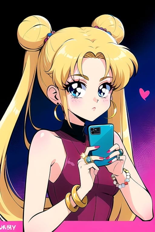 1girl, solo, long hair, looking at viewer, bangs, blue eyes, blonde hair, hair ornament, holding, twintails, jewelry, upper body, heart, earrings, sleeveless, hair bun, star \(symbol\), bracelet, parted bangs, double bun, turtleneck, phone, pink background, ring, cellphone, crescent, holding phone, beads, cropped torso, bead bracelet, tsukino usagi