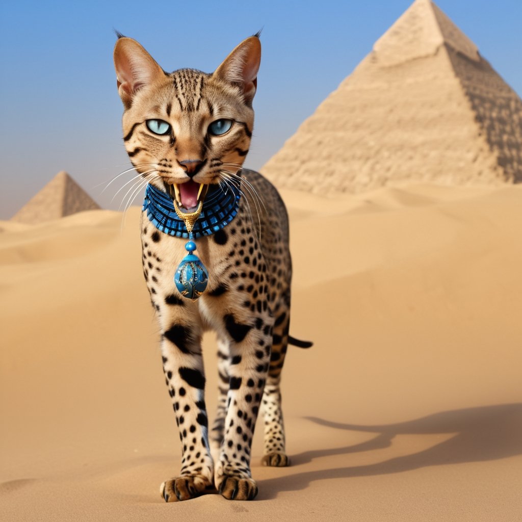 Masterpiece, best, desert,  mysterious Egyptian cat, medium short-haired cat, the cat has leopard print, long limbs, pyramid,(((It opened its mouth and bit a scorpion))) ,animals, animal photography, smooth hair, one eye is blue and one eye is yellow, very high detail,bangerooo