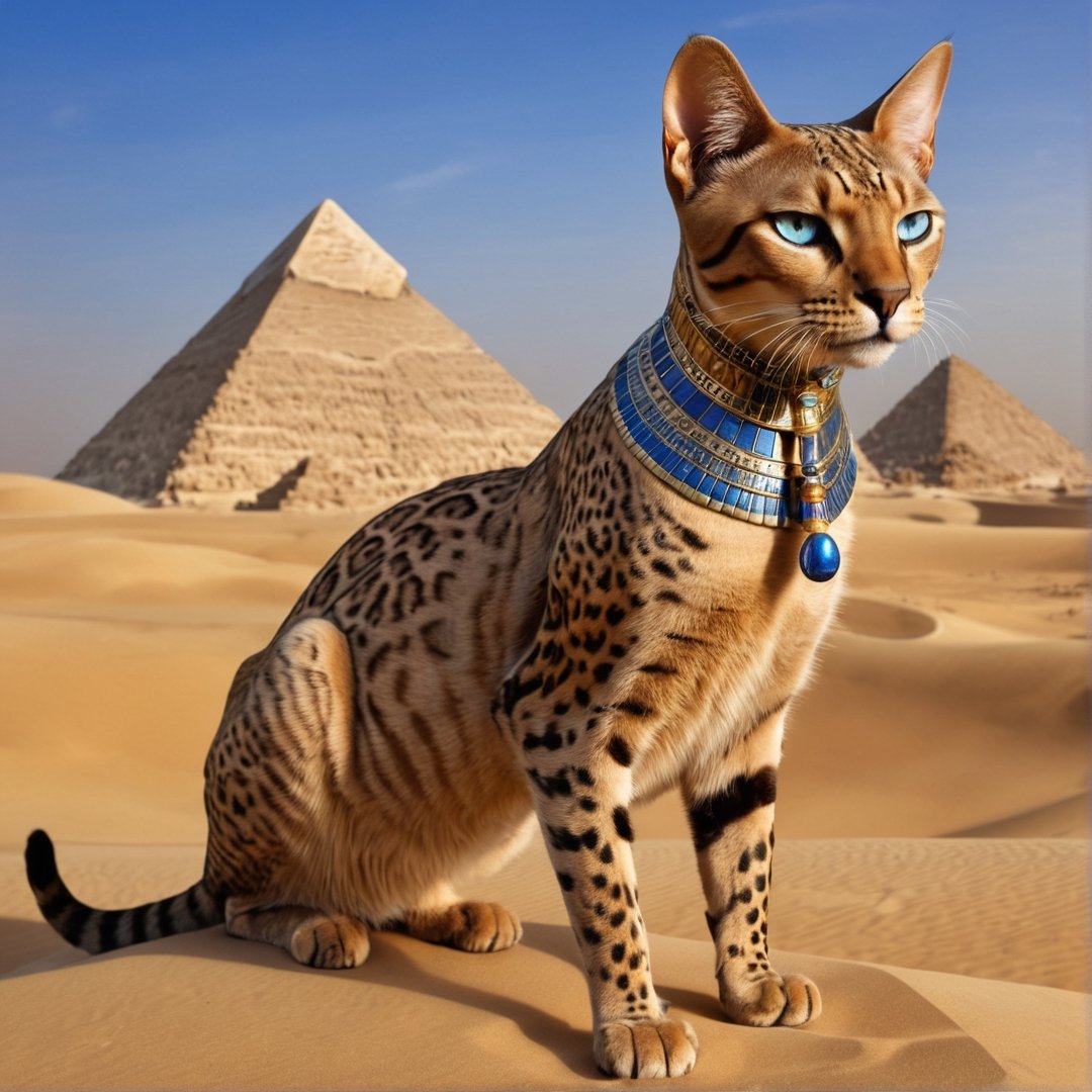 Masterpiece, best, desert,  mysterious Egyptian cat, medium short-haired cat, the cat has leopard print, long limbs, pyramid,  a scorpion with the cat,animals, animal photography, smooth hair, one eye is blue and one eye is yellow, very high detail,bangerooo