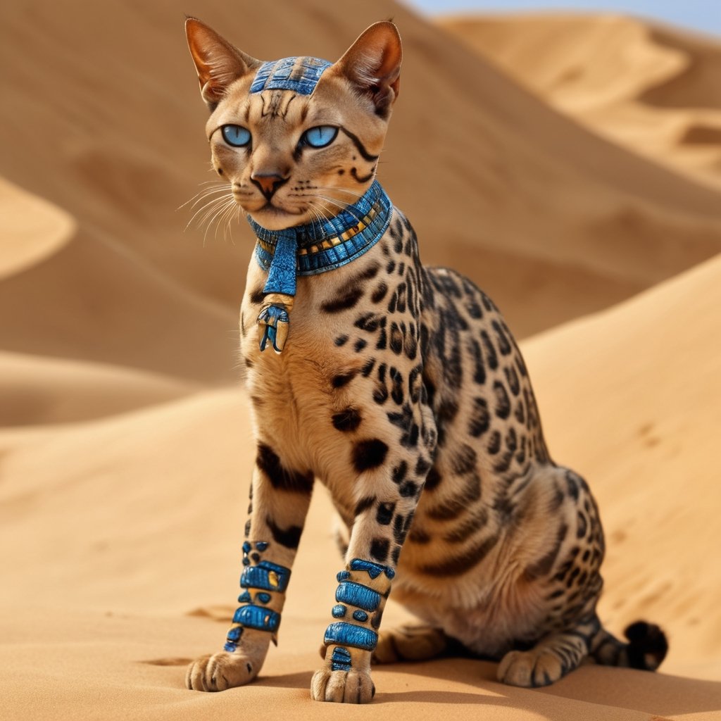 Masterpiece, best, desert,  mysterious Egyptian cat, medium short-haired cat, the cat has leopard print, long limbs, pyramid,(((bit a scorpion))) ,animals, animal photography, smooth hair, one eye is blue and one eye is yellow, very high detail,bangerooo