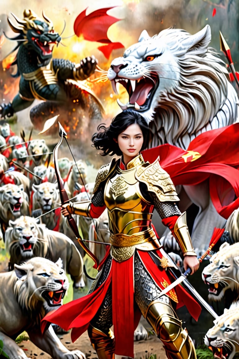 Vietnamese beautiful warrior with a cute face, short black hair, golden armor, black dragon Ao Dai, lion shield, silver long bow, and arrow, standing in the midst of battle, war crying, with his soldiers behind him. Her companions include a white lion and a red dragon.