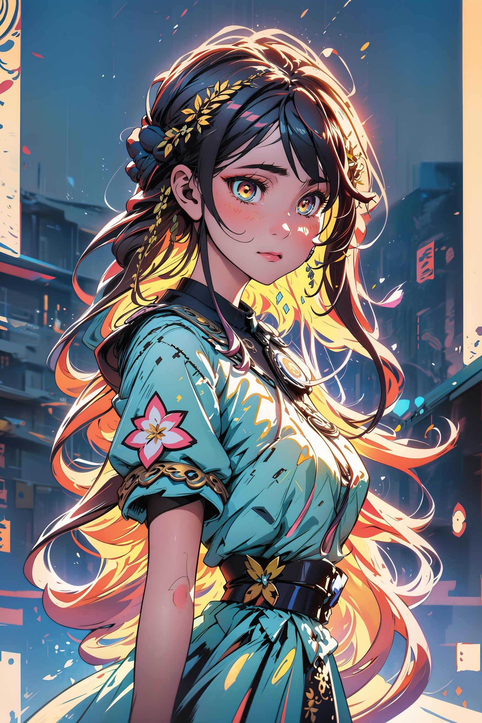 In a mesmerizing cascade of color and light, an enchanting anime girl captivates viewers with her ethereal beauty. Her delicate features are framed by cascading locks of shimmering long golden hair, her wide, expressive eyes radiating with emotion. A digital painting brings this stunning character to life, depicting her in intricate detail with a seamless blend of realism and fantasy. Every brushstroke and pixel showcases the artist's skill and dedication, making this image a true masterpiece of the genre.,glitter