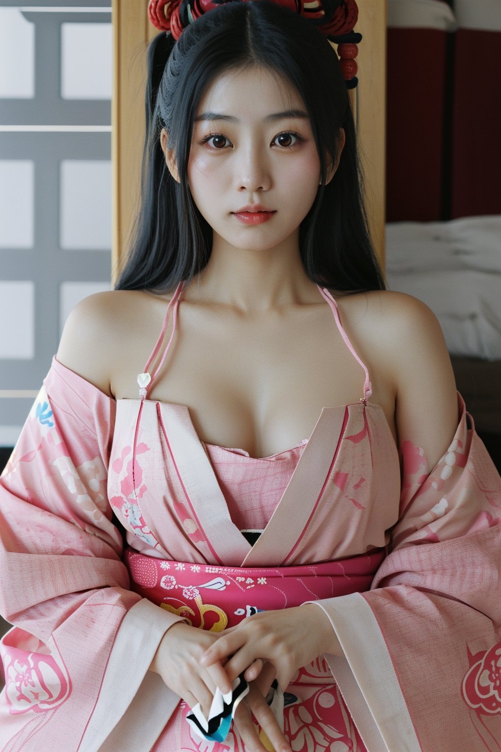 Photographic, cute Japanese woman wearing a flowing traditional dress and having a tattoo on her chest., 