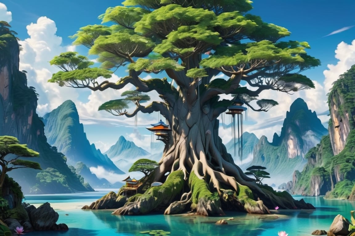 very detailed CG DLSL unity 16k ),((a white time machine built by Bulma capsule corporation in the (dragon ball)cartoon film)),(masterpiece),(best quality),(very detailed),(best illustration),(best shadow),(very smooth and beautiful) ,(Giant banyan tree), (dynamic angle), (a house in the middle of an island under a big tree, (big mountains), clouds under the beautiful treetops, dusk, water lilies in the river blooming, (lotus flowers), plants lush, bold colors, (very realistic), (detailed light), feathers, (nature), (sunlight), (beautiful and soft water), (The water is so clear that you can see the fish and rocks in it)()( oil painting),(blooming),(shining), ((high resolution)) ,((high contrast ratio)), ((high detail))((high texture)), ((real high quality figure texture)), ( (ultra high quality)), golden ratio, captured with a hasselblad camera,DonMR0s30rd3rXL ,more detail XL