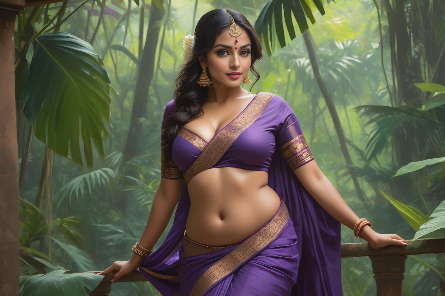 From below up, SFW, High res,(boobs grab), (sexy legs:1.3), 45 degree angle, modelshoot style,(mallu aunty), (masterpiece:1), (best quality:1), (extremely detailed CG unity 8k wallpaper), full shot body photo of the most beautiful artwork in the world, (beautiful Indian curvy lonely wife:1.2), (Cheeky smile:1), ((dancing sexually:0.5)), (from_side:1.3), black round-neck cotton blouse, ((Slips her purple cotton saree)) to show cleavage, sensual cleavage, ((Smooth skin:0.5)), beautiful (small waist, wide hips:0.5), sweaty body, in hut sorounded by jungle, (detailed face:1), professional majestic digital painting by Ed Blinkey, Atey Ghailan, Studio Ghibli, by Jeremy Mann, Greg Manchess, Antonio Moro, trending on ArtStation, trending on CGSociety, Intricate, (High Detail), ((Sharp focus)), dramatic, ((photorealistic digital painting)) art by midjourney and greg rutkowski
