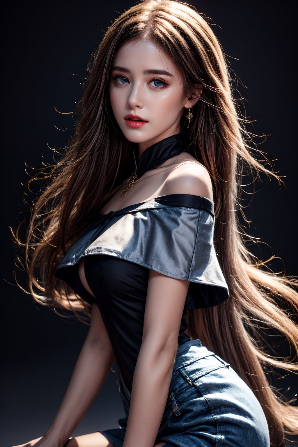 masterpiece, best quality, photorealistic, raw photo, 1girl, long hair, blouse, light smile, detailed skin, pore, off_shoulder, low key, black_background