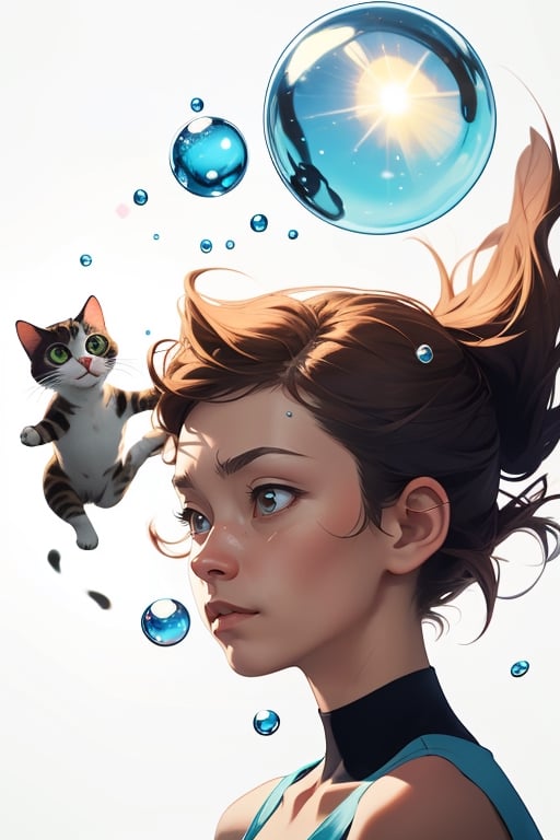 1girl,solo,cat ears,white background,falling down,floating,in air,floating hair,Bubbles, refracted sunlight, light spots, sadness, lowered head,short hair