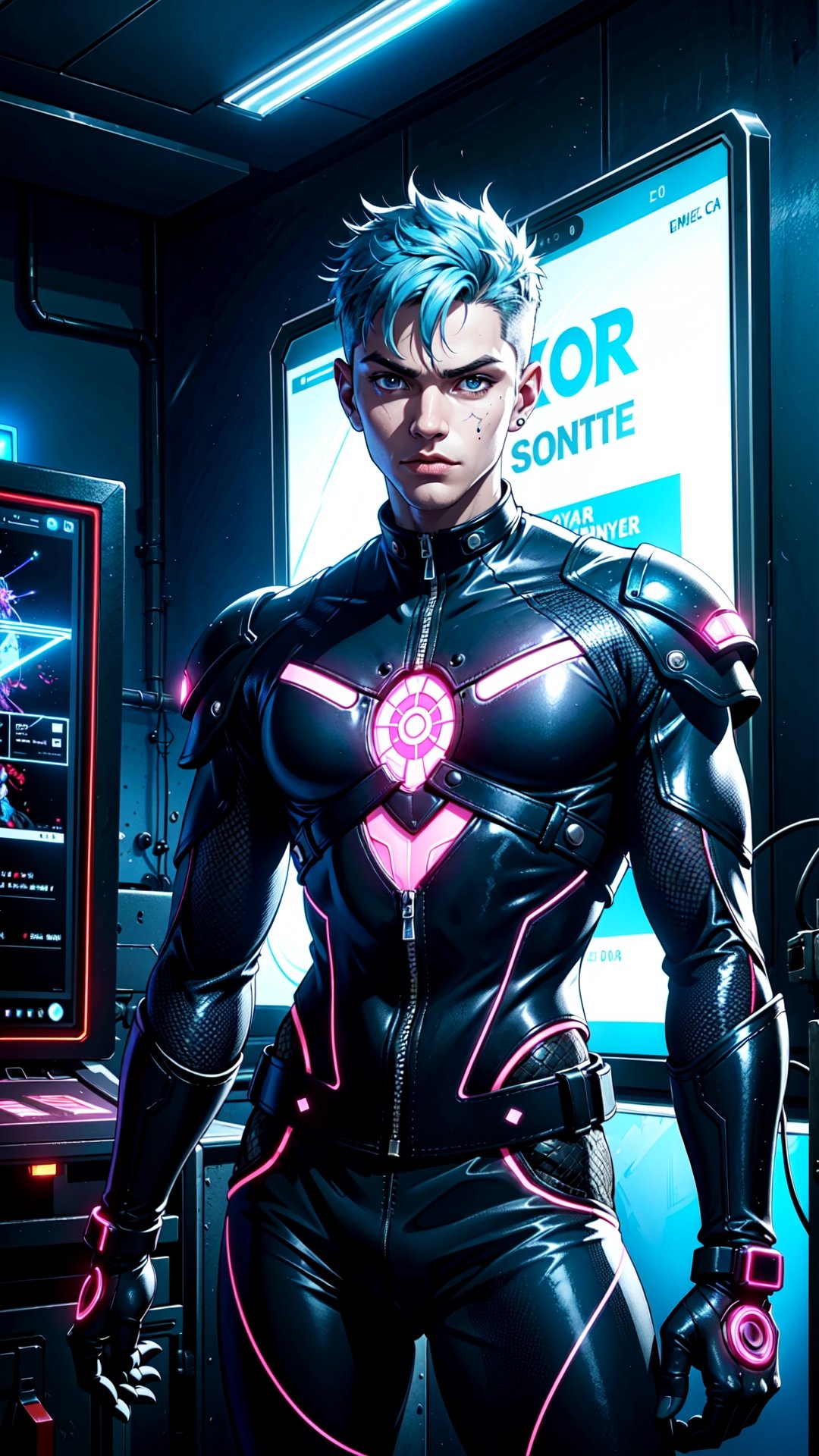 a boy holding one archery, In a neon-lit, perfect body composition, futuristic cityscape, a cyber-enhanced individual, Their glowing tattoos and neon hair stand out in the vibrant, technologically advanced world. The intricately detailed cyber-eyes peer into the augmented reality interface, while the holographic display showcases their cybernetic implants. Dressed in a leather jacket, off-shoulder, adorned with high-tech accessories, they exude a sense of style and power. Reflective surfaces capture the neon reflections, and dramatic lighting enhances the sci-fi aesthetic. Their appearance is a masterpiece of futuristic fashion and cybernetic enhancements.,fate/stay background