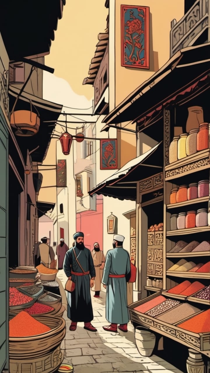 (Grzegorz Rosiński style:1.4) , closeup  spice shopping on streets  of old Persian tow, realistic, high contrast,ink draw,Comic book Grzegorz Rosiński style, Vector Drawing
 , professional, 4k, mutted colors, vintage, ,Flat vector art,Vector illustration,flat design,Illustration,illustration