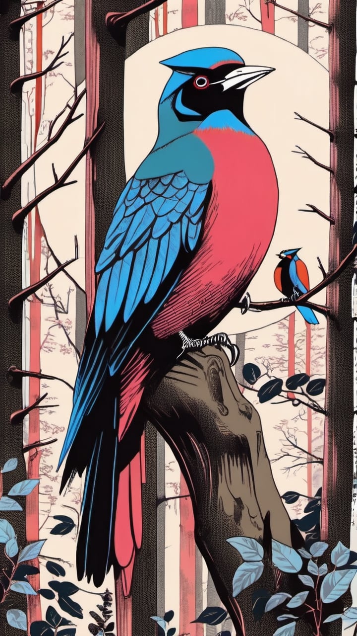 (Grzegorz Rosiński style:1.8) , (Janusz Christa style:1.2) , 
Summer Woods, forest, colorful wild birds, 
 realistic, high contrast,ink draw,Comic book Grzegorz Rosiński style, Vector Drawing
 , professional, 4k, mutted colors, vintage, ,Flat vector art,Vector illustration,flat design,Illustration,illustration