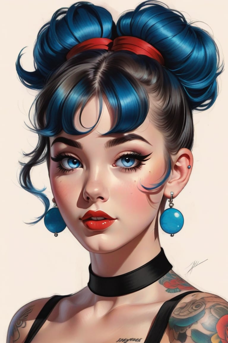 young girl with expressive azure blue eyes, hair styled into two messy buns
Modifiers:
modern colorful illustration style Coby Whitmore ART VINTAGE 1950s fashion illustration,THREE-QUARTER BODY, she has large breasts and has a tattoo on her shoulder, she wears a black choker with a red gemstone.