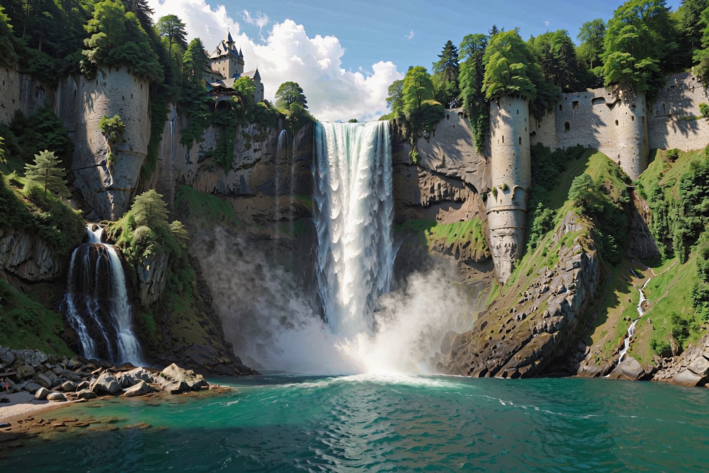 (long_shot:1.3), (masterpiece), (best_quality:1.4), more detail XL,  Extremely Realistic,  Photorealism,

{(a (massive waterfall) that falls into a (lake) that has an island in the middle with a large (Castle))}