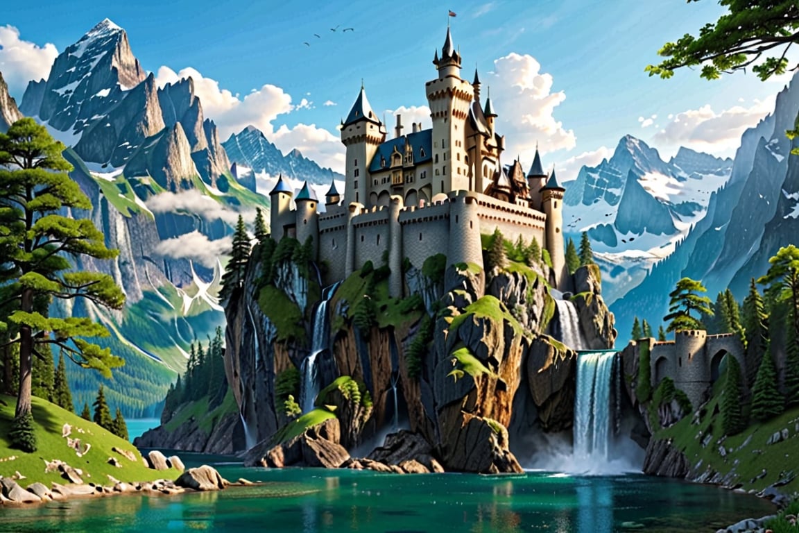 (long_shot:1.3), (masterpiece), (best_quality:1.4), More Detail,  Realism,  Photorealism, 

Castle, surrounded by lake, at the base of a mountain and a massive waterfall falls from the mountain on both sides of the castle into the lake 