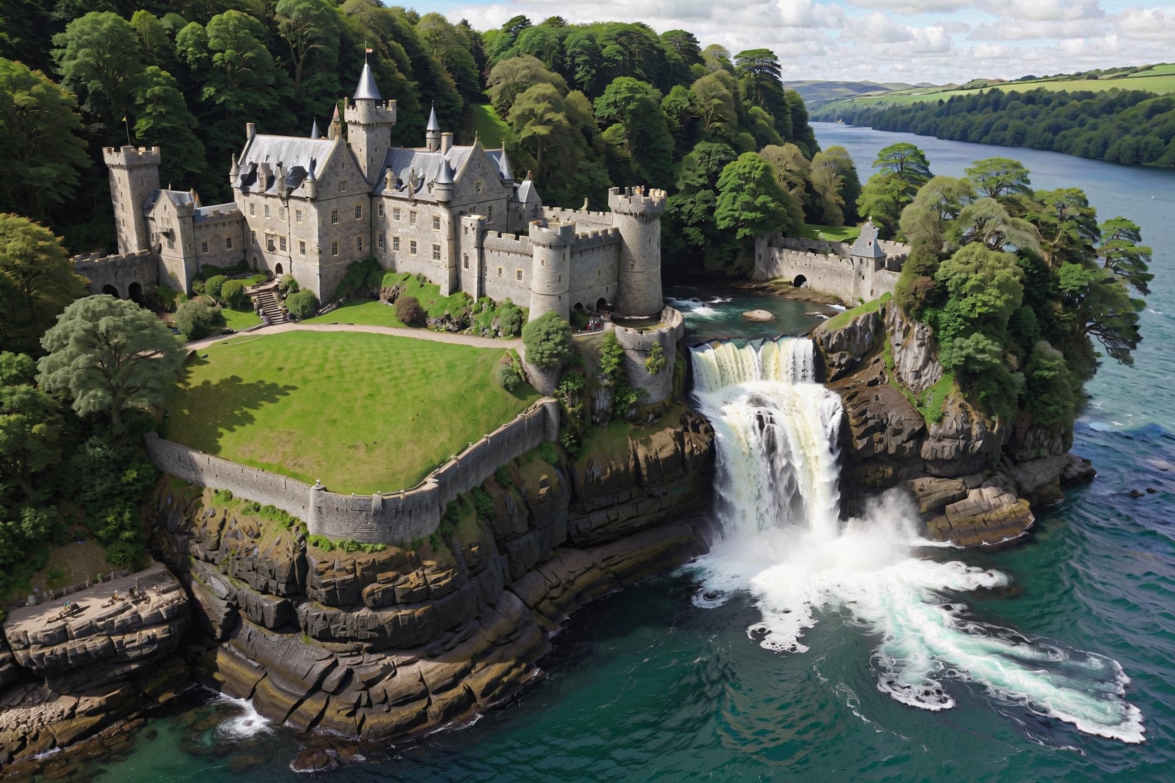 (long_shot:1.3), (masterpiece), (best_quality:1.4), more detail XL,  Extremely Realistic,  Photorealism,

Castletown, on an island surrounded by lake, at the base of a massive waterfall which falls on both sides of the castle into the lake