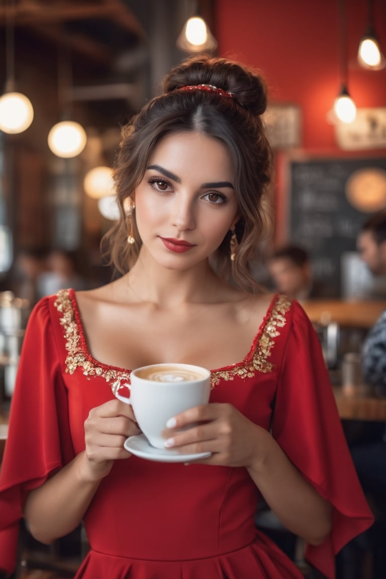 A Beautiful Spanish woman drinking in a coffee shop wearing a Red Spanish dress, portrait, digital photography, professional photographer, masterpiece, bokeh, hair light,photorealistic