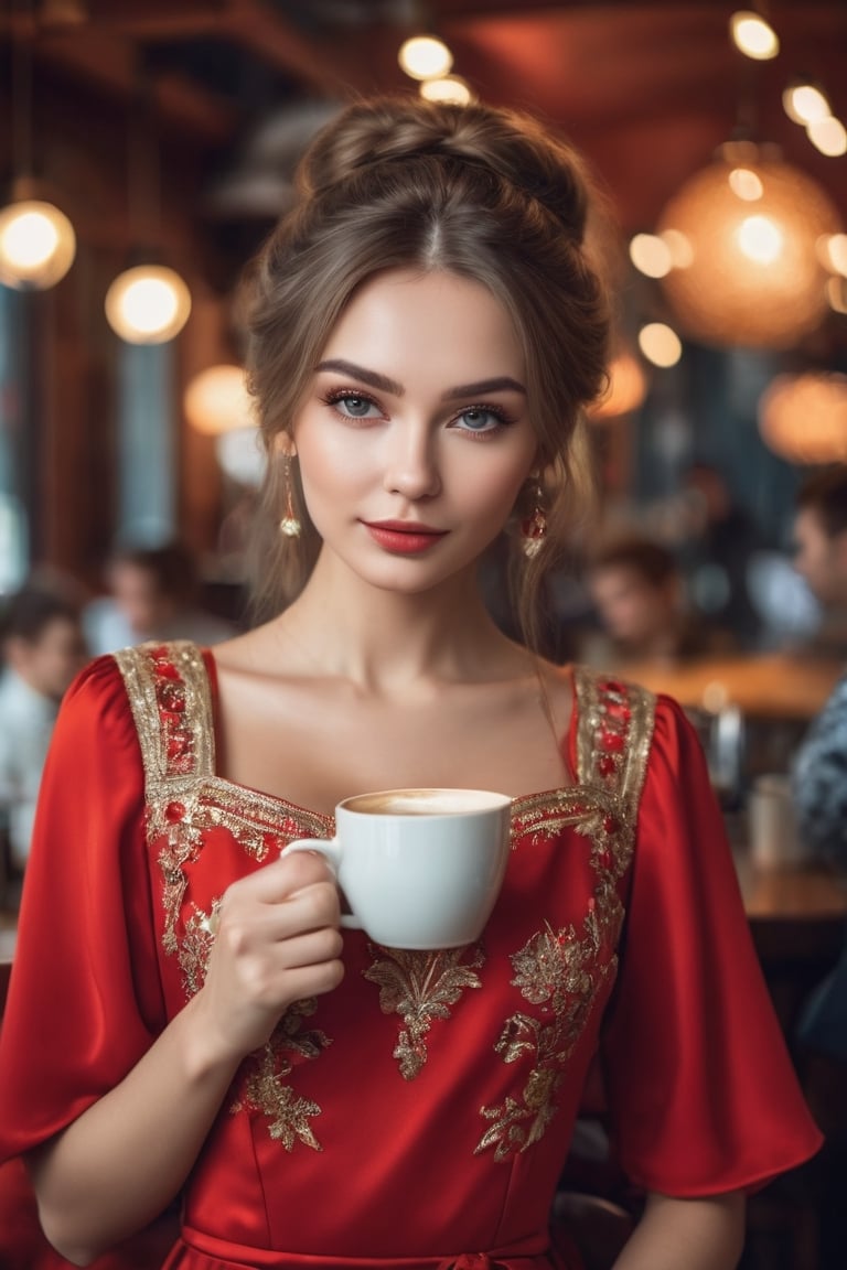 A Beautiful Russian woman drinking in a coffee shop wearing a red Russian dress, portrait, digital photography, professional photographer, masterpiece, bokeh, hair light,photorealistic