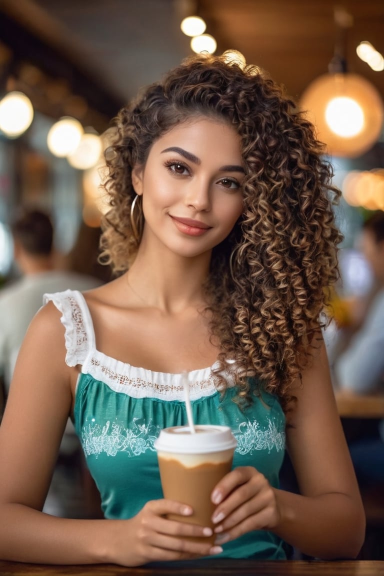 A Beautiful Brazilian woman, drinking in a coffee shop wearing a Brazilian clothing, portrait, digital photography, professional photographer, masterpiece, bokeh, hair light, photorealistic, very curly hair