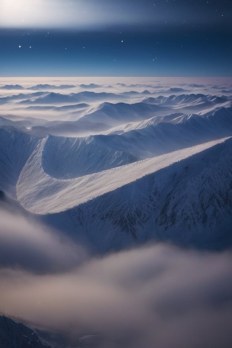 Top-down view of a vast snow-covered mountain range under a starlit sky, masterpiece, good lighting, 8k, ((winter)), photoreal, moonlight reflecting off the pristine snow, wide lens, bokeh.