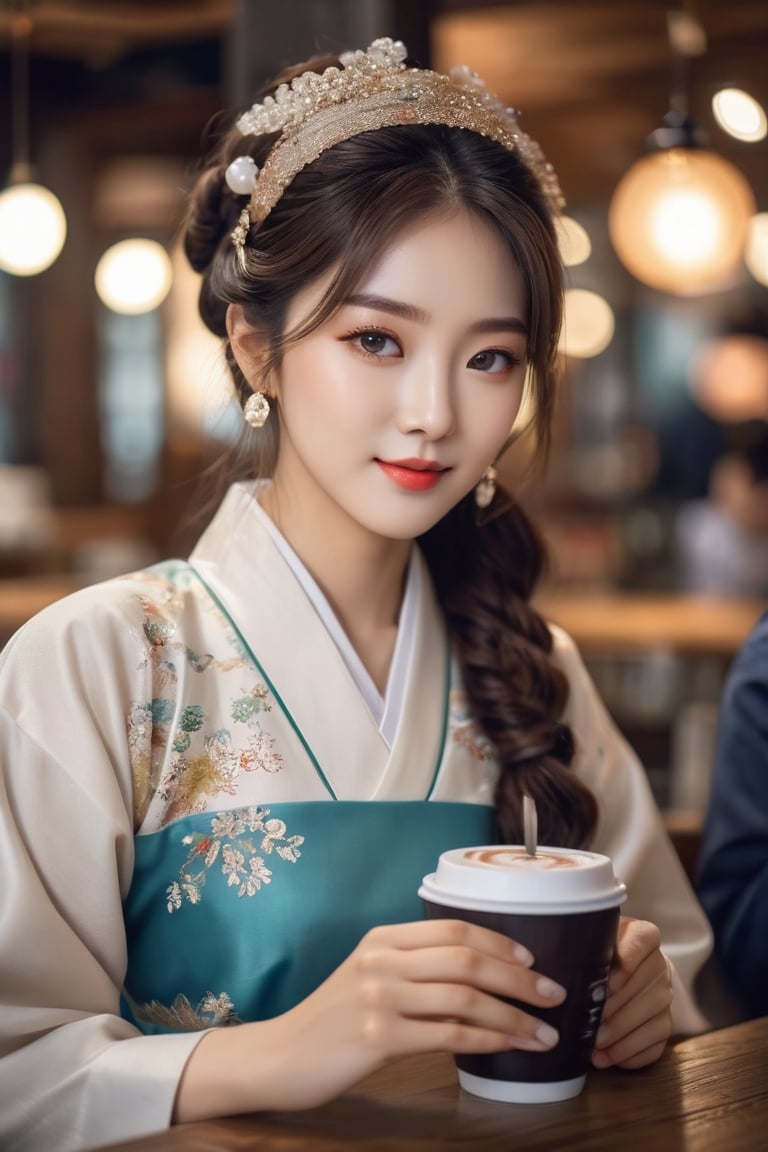 A cute korean woman, drinking in a coffee shop wearing a traditional korean clothing, portrait, digital photography, professional photographer, masterpiece, bokeh, hair light, photorealistic