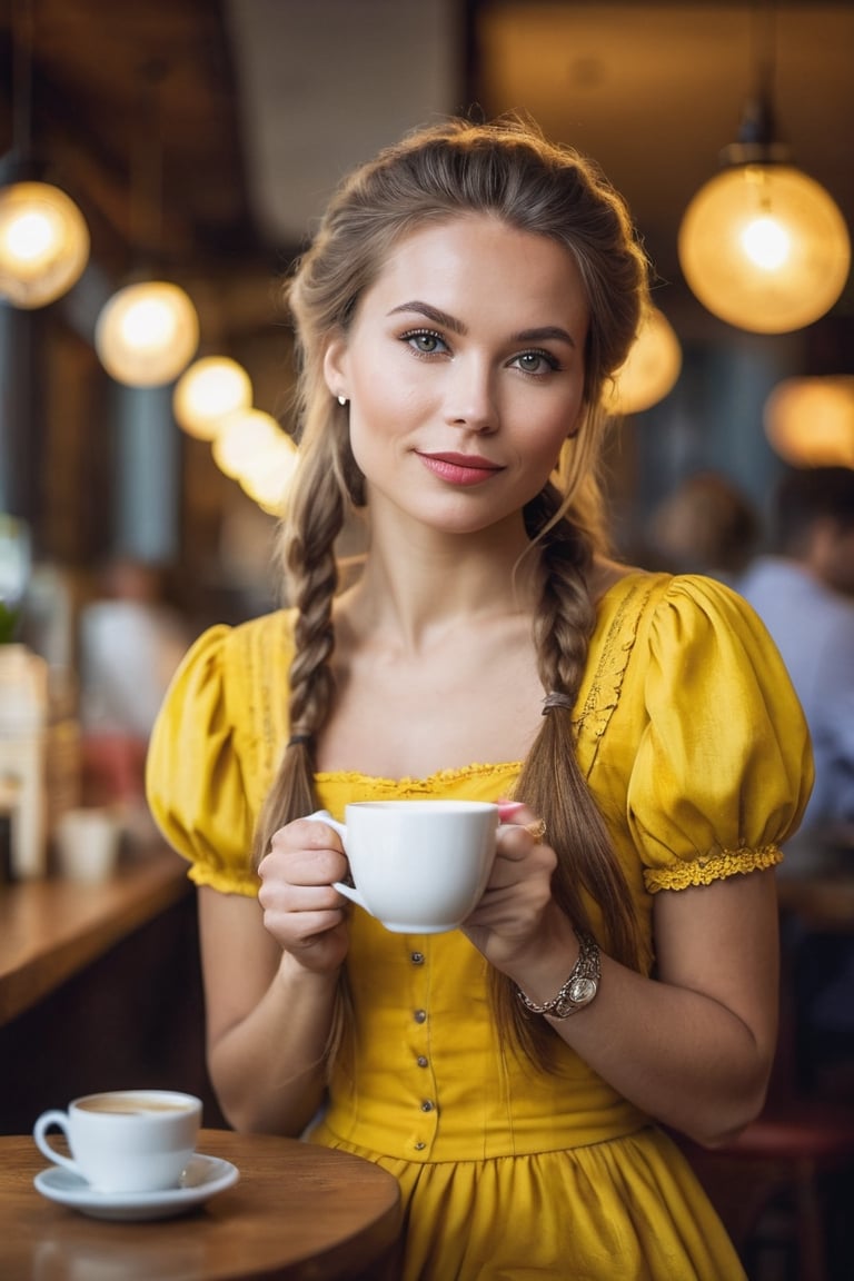 A Beautiful Swedish woman drinking in a coffee shop wearing a yellow old Swedish dress, portrait, digital photography, professional photographer, masterpiece, bokeh, hair light