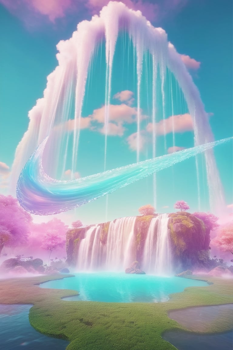 Floating islands with waterfalls cascading upwards, defying gravity like musical notes, surreal, masterpiece, 8k, ((spring)), photoreal, pastel colors, multiple vanishing points, dreamlike ambience.