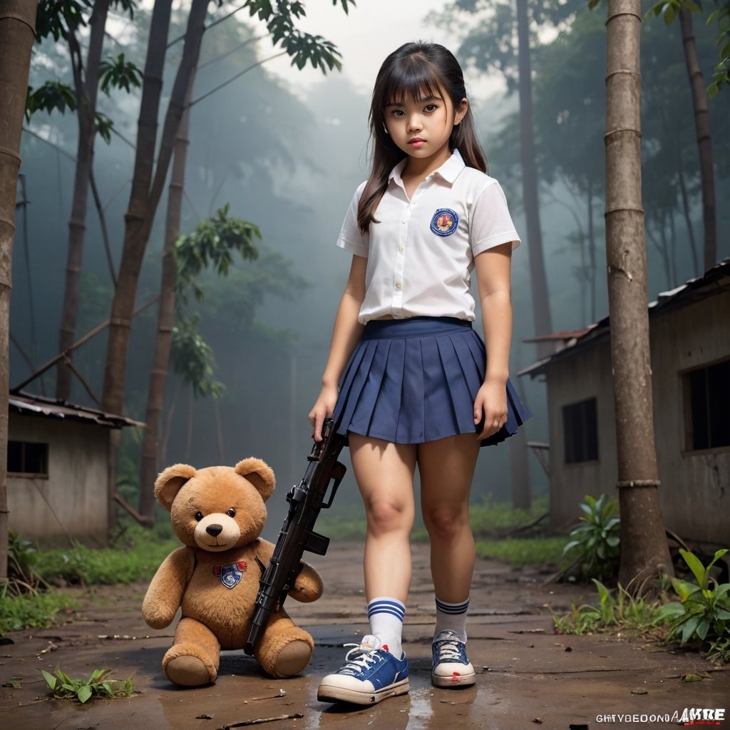 (((A lonely girl)) (7yo), (Thai nationality, bob-hair, white-skin, nude, tight-vagina, small pussy, curvy, big-breasts, tits, boobs , Plump thighs, angry)).

((wearing white-shirt, darkblue-skirt, school-shoes, panties)),((naked legs)),

((she looking very dirty and dirt-stain, nasty)),
(( torn clothes, dirty)),
((sexy pose, open legs)),((stain on clothes)), 

,((strong wind blowing her hair and clothes)),((abandoned school in thailand background ,In the deep forest, sunset, fog, dark tone)),

((a friendly teddy bear walking beside and close to her, looking at her):1.2),
((gun, ak-47, realistic holding a gun):1.2),

((a giant king demon stand behide her):1.2),

,((1girl)),((1_girl)),((sole)),((face-focus)),((detailed eyes and face)), ((full wide-environment)), ((close-up, wide-angle shot, low-angle shot)),((best quality ,ultra_detailed ,highres))