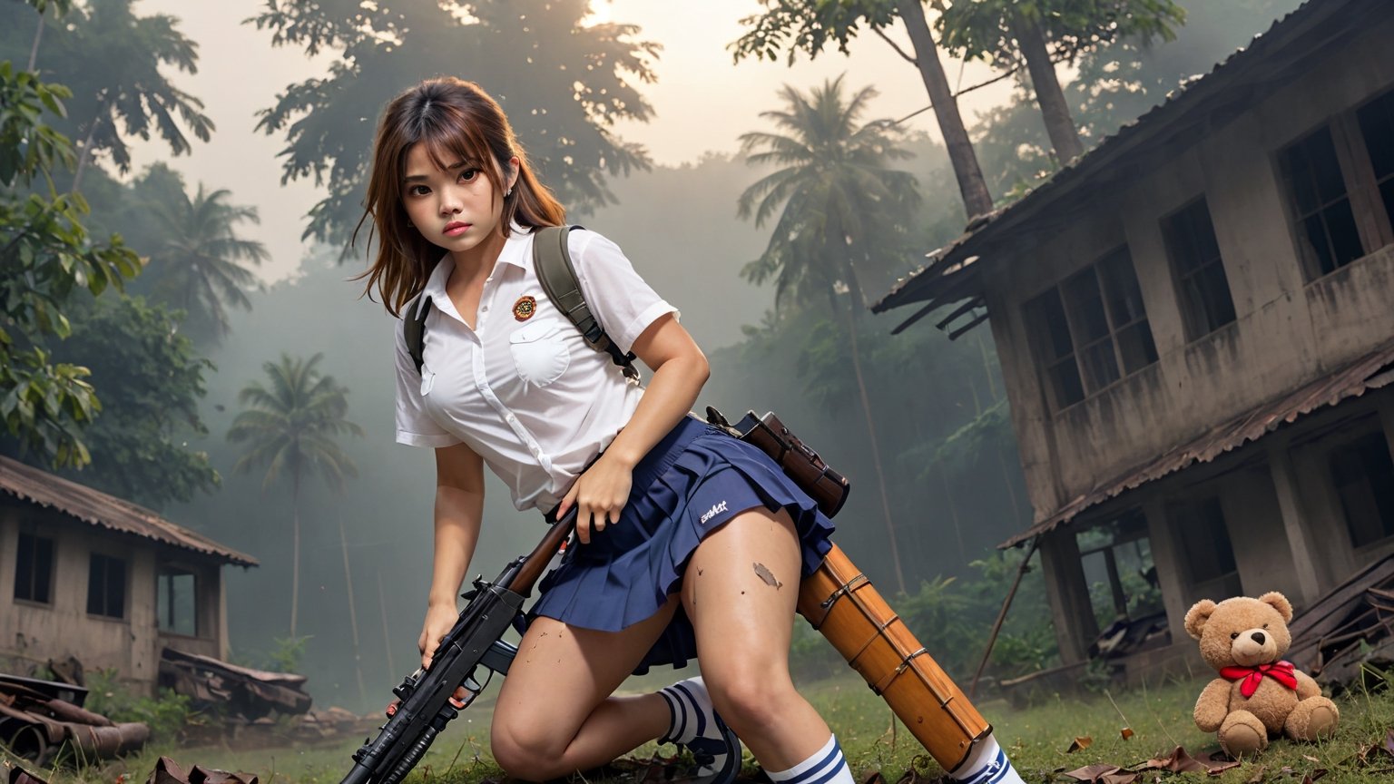 weapon, gun, st ak-47, ((A lonely girl)) (7yo:1.2), (Thai nationality, bob-hair, white-skin, nude, tight-vagina, small pussy, curvy, big-breasts, tits, boobs , Plump thighs, angry).

((wearing white-shirt, darkblue-skirt, school-shoes, panties)),((naked legs)),

((she looking very dirty and dirt-stain, nasty)),
((clothes is torn and holes)),
((sexy pose, open legs)),((stain on clothes)), 

,((strong wind blowing her hair and clothes)),((abandoned school in thailand background ,In the deep forest, sunset, fog, dark tone)),((The wind blows the leaves around her)),

(((a teddy bear walking beside and close to her)):1.2),
((( rifle, ak-47,  holding gun)):1.2),

,((1girl)),((1_girl)),((sole)),((face-focus)),((detailed eyes and face)), ((full wide-environment)), ((close-up, wide-angle shot, low-angle shot)),((best quality ,ultra_detailed ,highres))