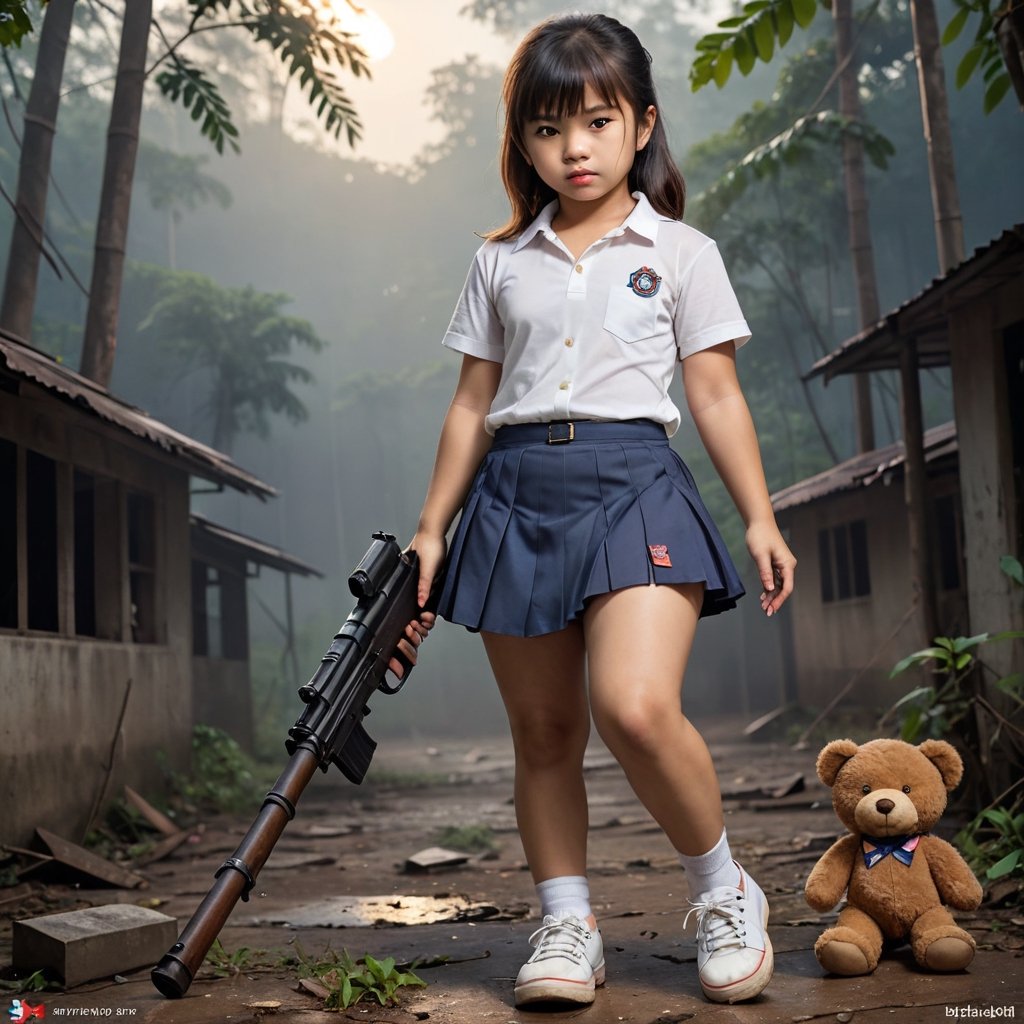 (((A lonely girl)) (7yo), (Thai nationality, bob-hair, white-skin, nude, tight-vagina, small pussy, curvy, big-breasts, tits, boobs , Plump thighs, angry)).

((wearing white-shirt, darkblue-skirt, school-shoes, panties)),((naked legs)),

((she looking very dirty and dirt-stain, nasty)),
(( torn clothes, dirty)),
((sexy pose, open legs)),((stain on clothes)), 

,((strong wind blowing her hair and clothes)),((abandoned school in thailand background ,In the deep forest, sunset, fog, dark tone)),

((a friendly teddy bear walking beside and close to her, looking at her):1.2),
((gun, ak-47, realistic holding a gun):1.2),

((a giant king demon stand behide her):1.2),

,((1girl)),((1_girl)),((sole)),((face-focus)),((detailed eyes and face)), ((full wide-environment)), ((close-up, wide-angle shot, low-angle shot)),((best quality ,ultra_detailed ,highres))