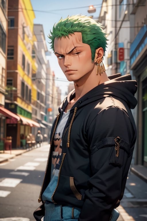 post-time zoro, male focus, solo, 1boy,  muscular male, looking at viewer, three earrings left side, black hoodie, denim pants, outdoors, upper body, close the left eye
