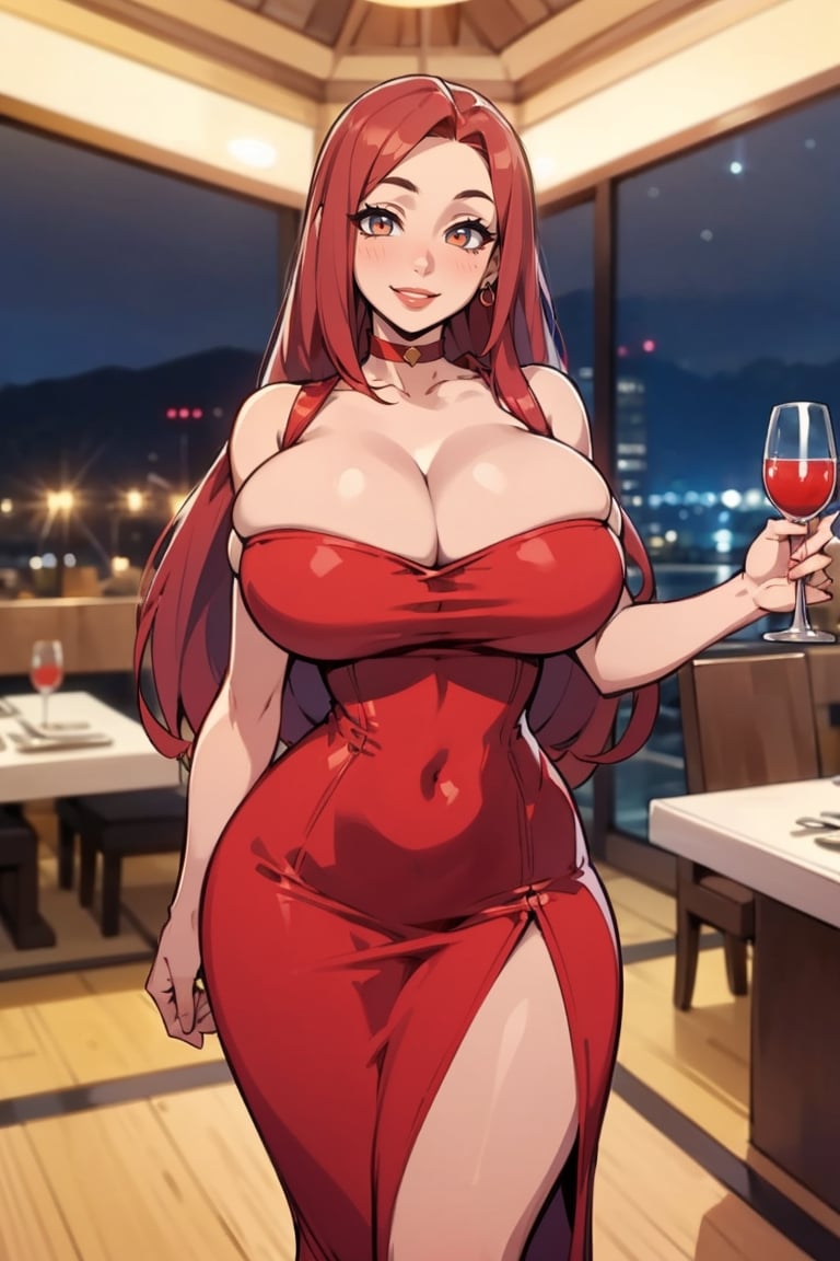 Masterpiece, Best Quality, looking at viewer. cleavage , (long red hair), ((large breasts)), perfect breasts, perfect face, perfect composition, ultra-detail, happy expression, slim figure, ((tight red dress)), (solo), set in a dinner party, choker, at night, full-body shot,