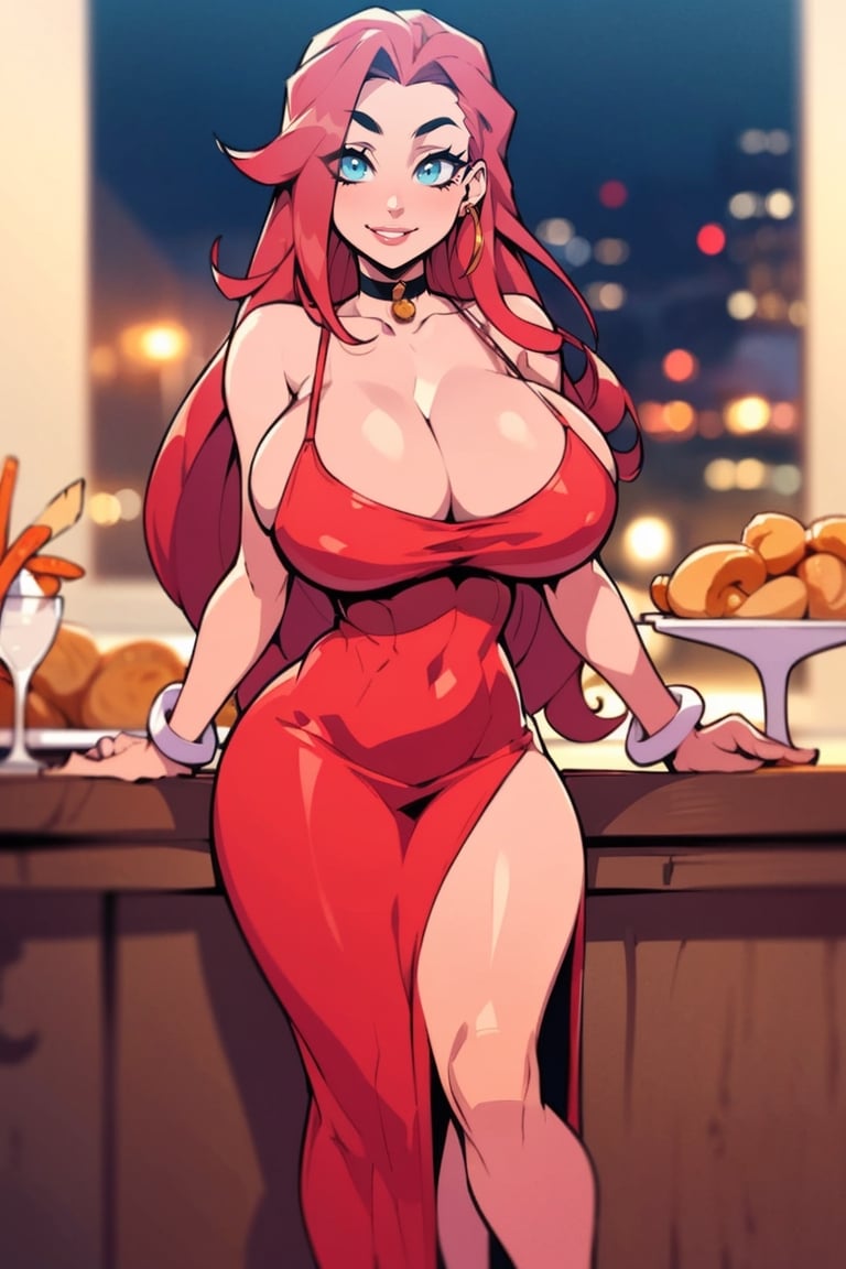 Masterpiece, Best Quality, looking at viewer , (long red hair), ((large breasts)), perfect breasts, perfect face, perfect composition, ultra-detail, happy expression, slim figure, ((tight red dress)), (solo), set in a dinner party, choker, at night, full-body shot,