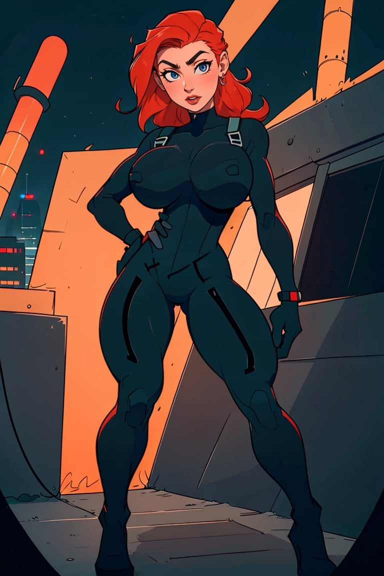 Masterpiece, Best Quality, perfect breasts, perfect face, perfect composition, UHD, 4k, ((1girl)), Kim possible, (((skin-tight black spy bodysuit,))), on a rooftop at night, dodging red security lazers, busty woman, great legs, red hair, ((natural breasts)),highres, ((large breasts)),