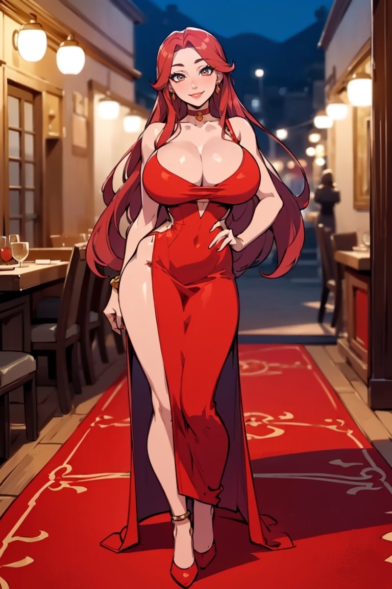 Masterpiece, Best Quality, looking at viewer , (long red hair), ((large breasts)), perfect breasts, perfect face, perfect composition, ultra-detail, happy expression, slim figure, ((tight red dress)), (solo), set in a dinner party, choker, at night, full-body shot,