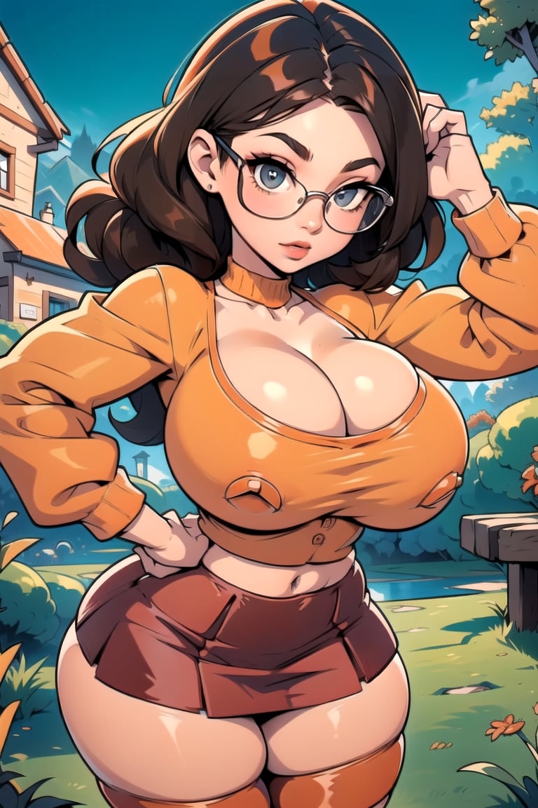 Masterpiece, Best Quality, perfect breasts, perfect face, perfect composition, UHD, 4k, ((1girl)), dark-brown eyes, (((short red skirt))), (((long-sleeve orange top))), in a gothic house, at night, busty woman, great legs, ((dark-brown hair)), shoulder-length hair, ((natural breasts)), (((thick rimmed glasses))), thigh high stockings, red lipstick,thepit