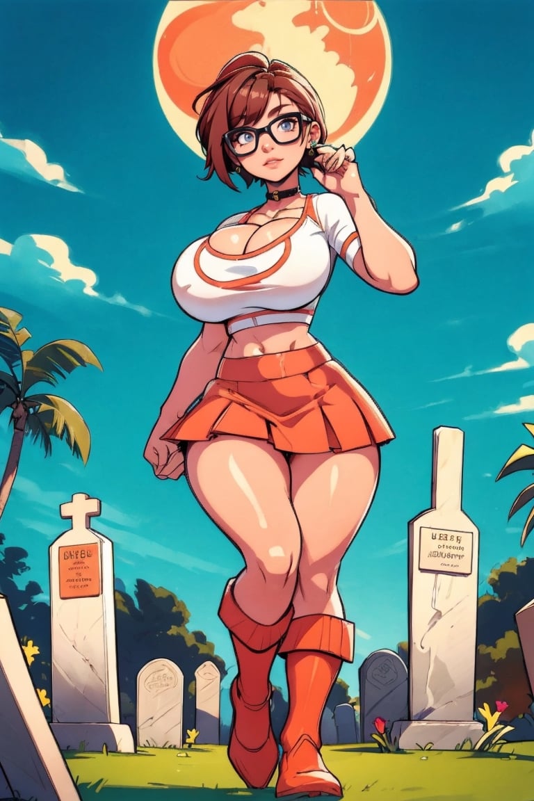Masterpiece, Best Quality, perfect breasts, perfect face, perfect composition, perfect fingers, (((perfect hands))), ultra-detail, brown hair, short hair, ((thick rimmed square glasses)), ((large breasts)), sexy look, fitness figure, (orange top), ((short bright_red skirt)), (solo), choker, in a graveyard, full moon,highres,Busty_redhead,sexy fit body