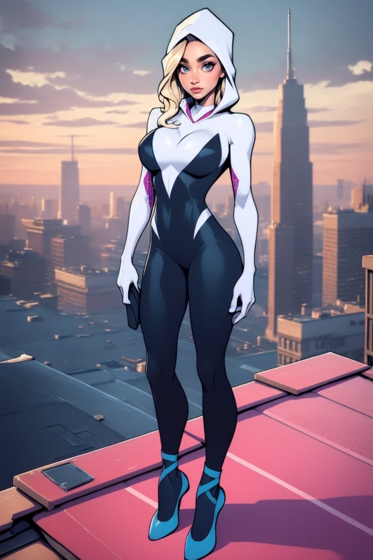 Masterpiece, Best Quality, perfect breasts, perfect face, perfect composition, UHD, 4k, ((1girl)), ((standing on a city roof)), surrounded by skyscrapers, busty woman, great legs, blonde hair, ((natural breasts)),gwen, bodysuit, web-print, ballet shoes, hood up,