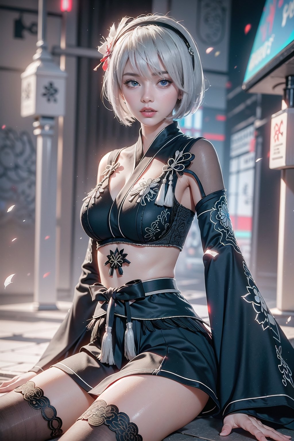 (Masterpiece, highest quality, high resolution, ultra-detailed, 16K, intricate, high contrast, HDR, vibrant color, RAW photo, (photorealistic:1.2), beautiful and aesthetic), cinematic lighting, medium breasts, tall and slim body, (((yorha no. 2 type b, silver white hair, 1girl, solo, hair over one eye, blue eye, hairband, black kimono, detached sleeves, wide sleeves, thighhighs, japanese clothes, tassels, bra peek))), glowing hair, looking at the viewer, futuristic, elegant, glowing, chaos, mysterious, magical, mystical, moon, cosmic, space, galaxy, portal, scenic, landscape, iconic, temple, bonsai forest, Japanese ancient streets, holding her swords, (wide shot:1.2), neon background, sitting on the edge, view from side